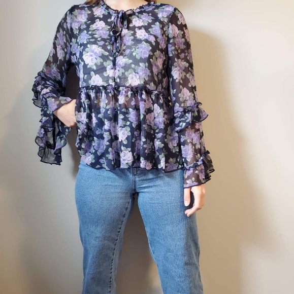 Long sleeve sheer floral blouse - Picture 1 of 6